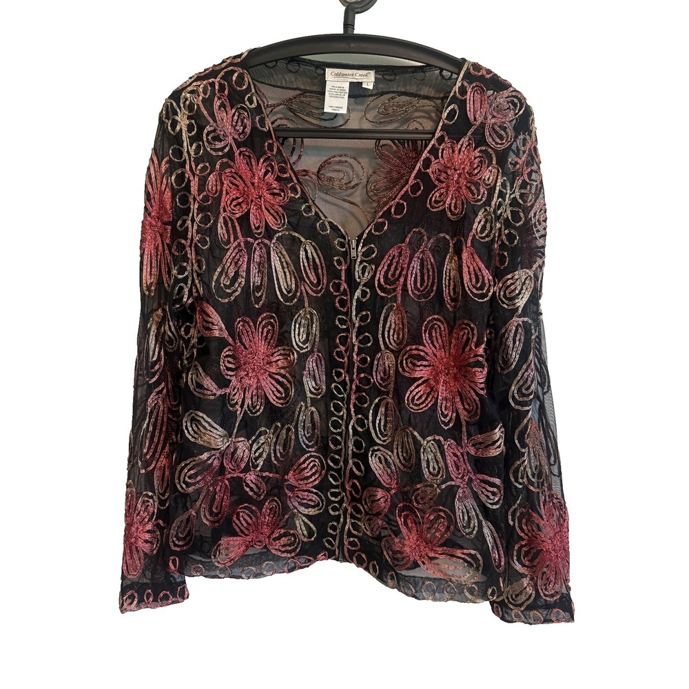 Coldwater Creek Sheer Full Zip Cardigan L Floral Soutache Embroidery Dainty Chic